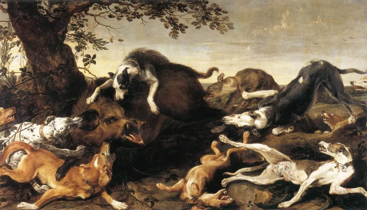 Pintura barroca de uma caça ao javali, com o animal cercado por cães.