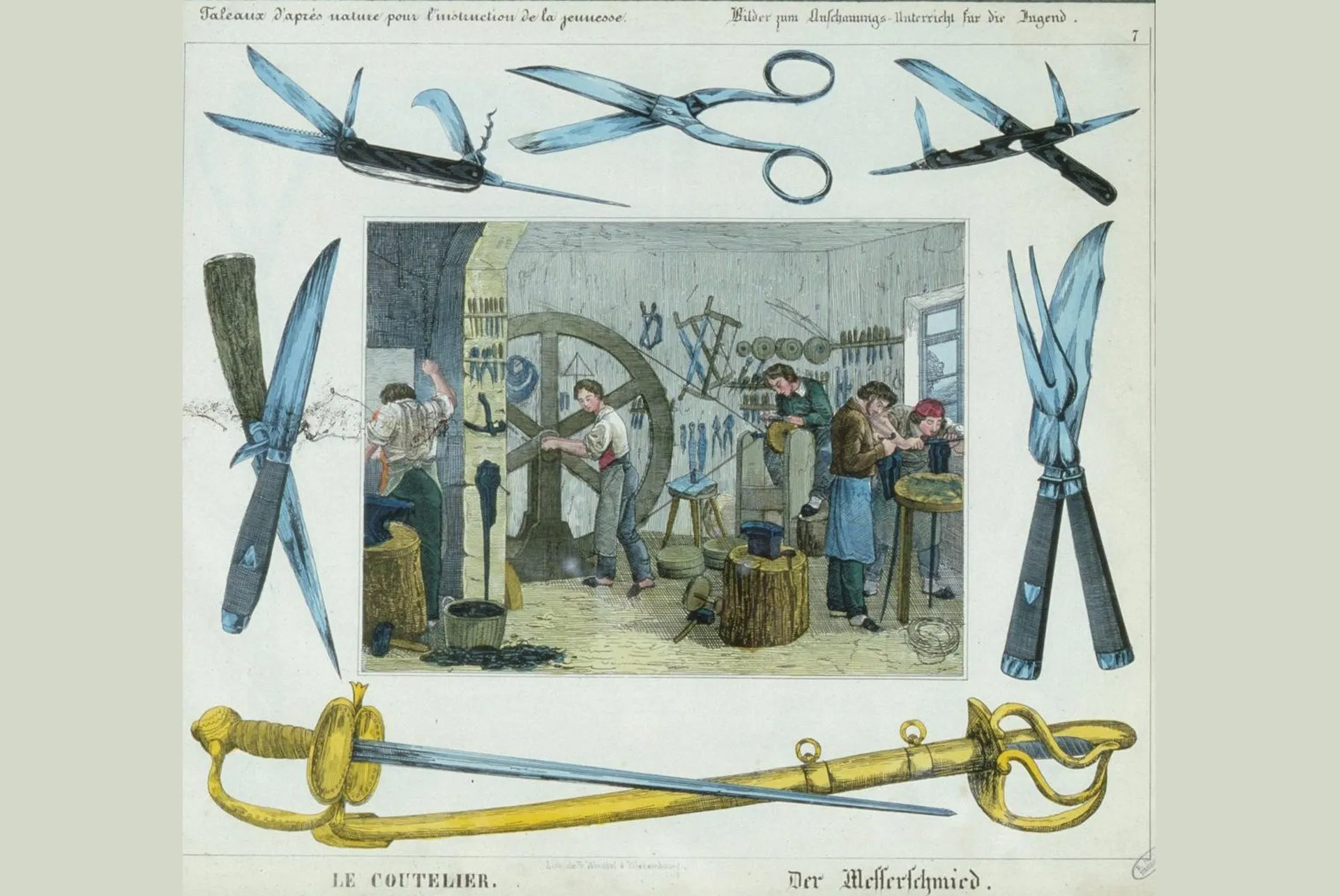 Prancha pedagógica colorida de 1847 mostrando o interior de uma oficina de cuteleiro, com aprendizes na roda de afiar e na bancada, emoldurada por canivetes, tesouras e uma espada de copos dourados