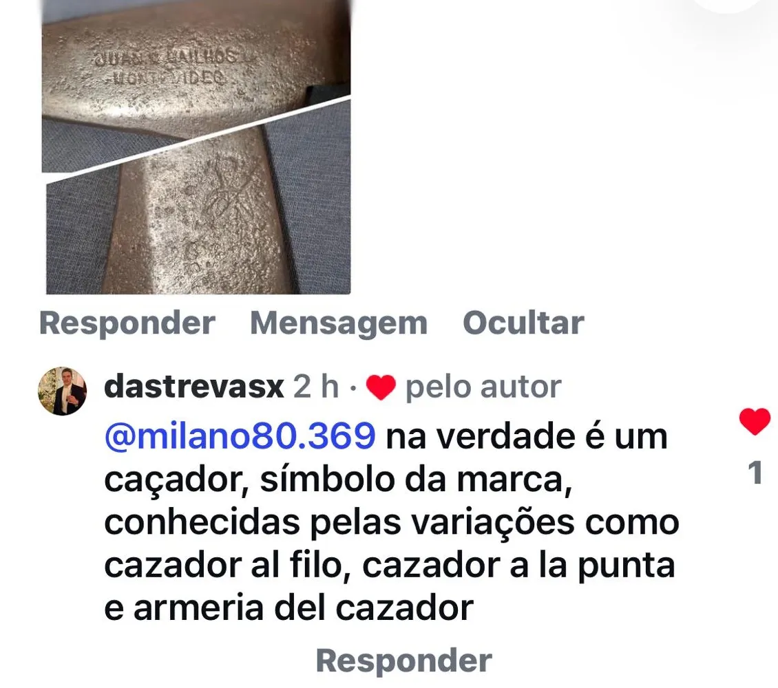 Captura de tela dos comentários no Instagram: a foto das duas folhas da tesoura e, abaixo, a resposta de @dastrevasx explicando que a figura é um caçador, símbolo da marca, conhecida pelas variações cazador al filo, cazador a la punta e armería del cazador