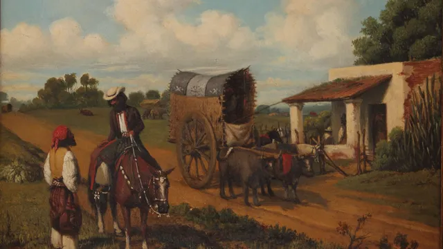 Pintura a óleo de cerca de 1860 mostrando dois gaúchos conversando numa estrada de terra diante de uma pulpería, um deles a cavalo, com uma carreta de bois coberta parada em frente ao rancho de paredes brancas.