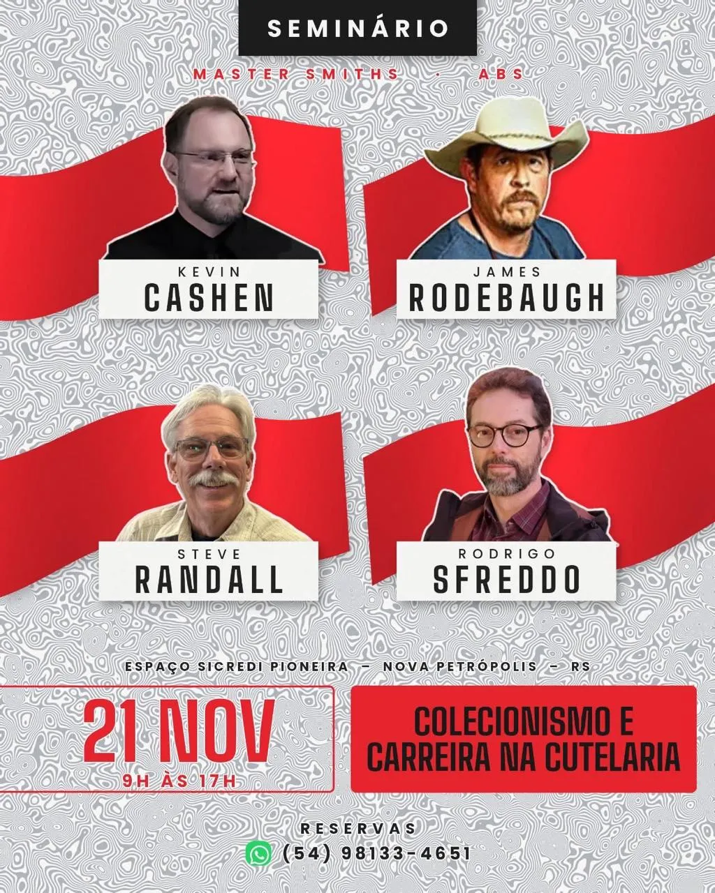 Cartaz do seminário: Kevin Cashen, James Rodebaugh, Steve Randall e Rodrigo Sfreddo, 21 de novembro, das 9h às 17h, no Espaço Sicredi Pioneira, em Nova Petrópolis.